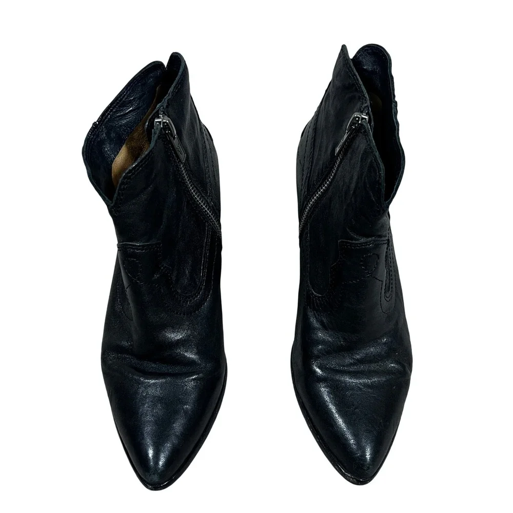 Frye Western Stitch Leather Ankle Booties Black Pointed Toe Block Heel Size 7.5